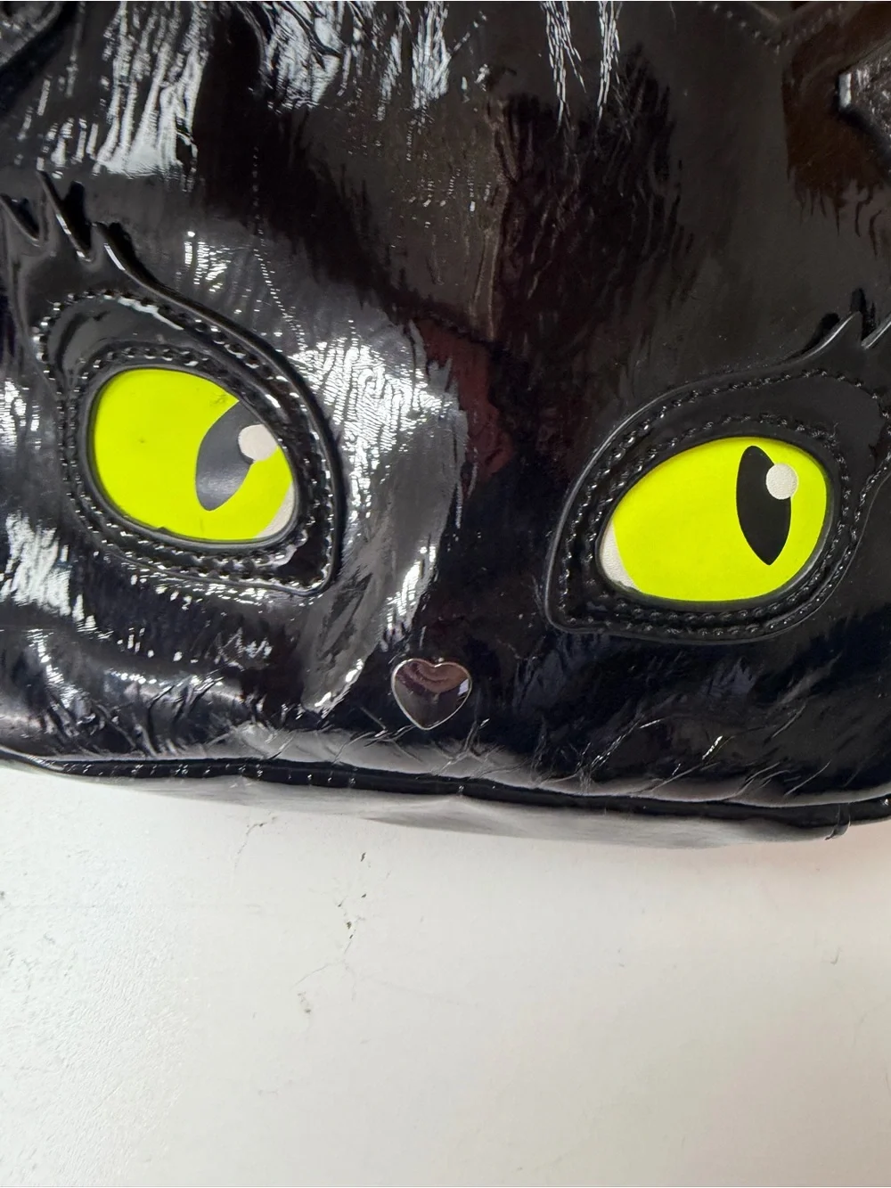 Betsey Johnson Black Glossy Meow In The Dark Cat Eyes Faux Fur Mini Backpack